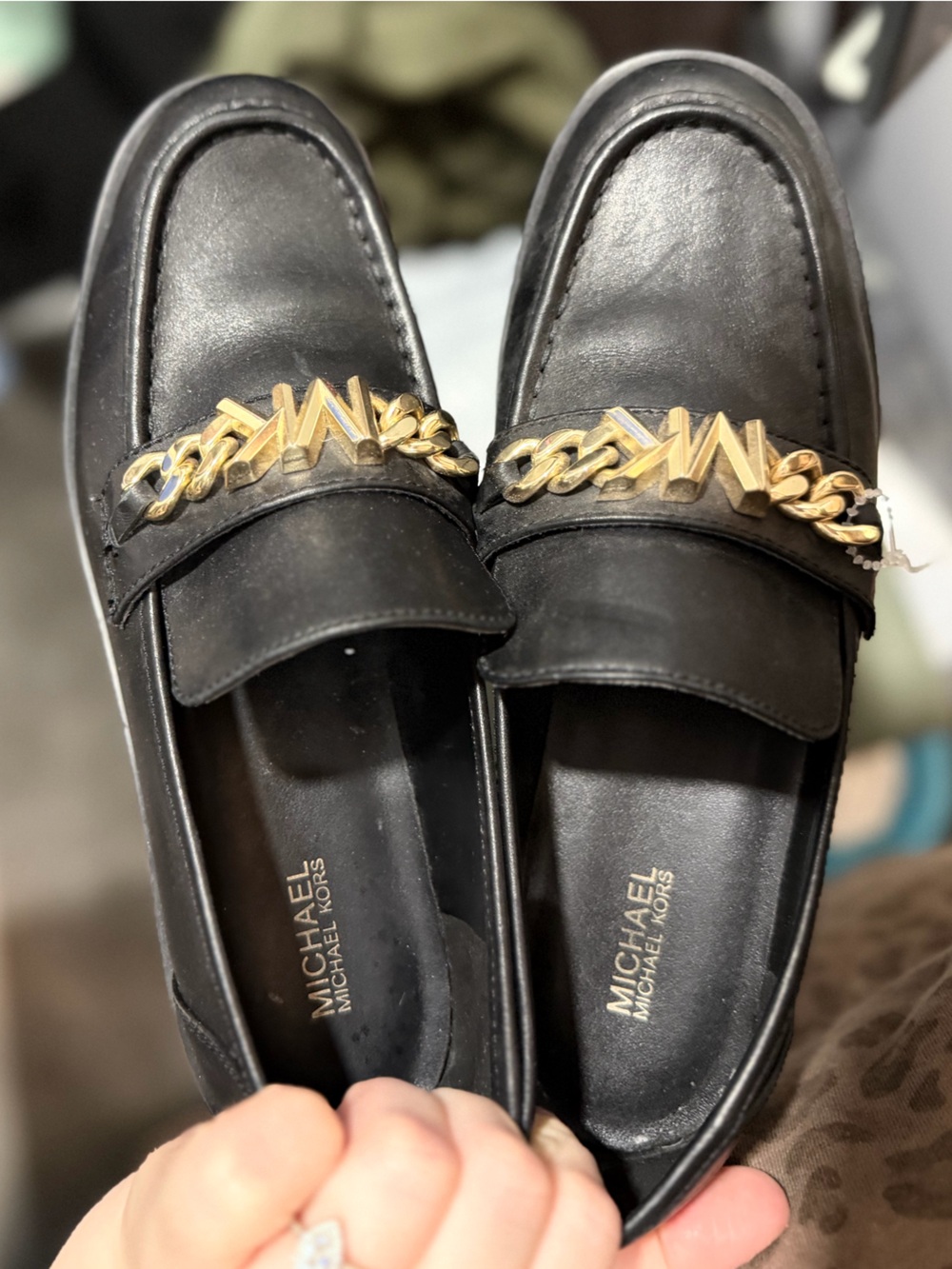 Michael Kors | Black Leather Chain-Trim Loafers | Size 8